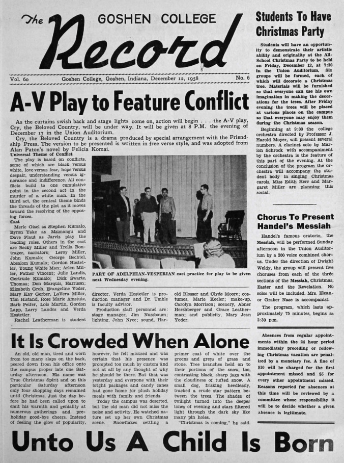 The Goshen College Record - Vol. 60 No. 6 (December 12, 1958) Thumbnail