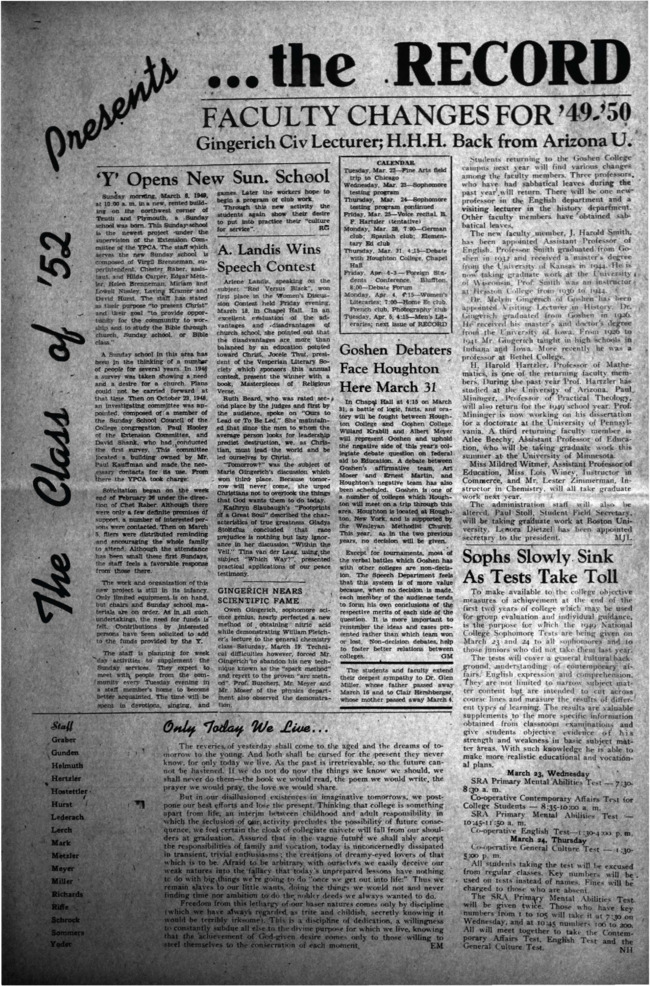 The Goshen College Record - Vol. 50 No. 12 (March 22, 1949) Thumbnail