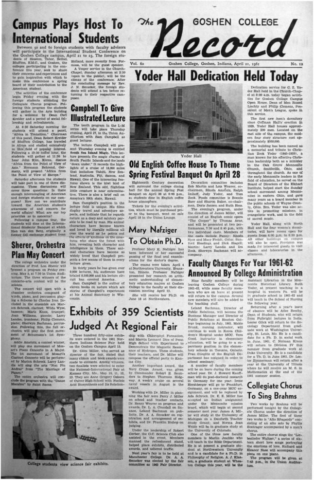 The Goshen College Record - Vol. 62 No. 12 (April 21, 1961) Thumbnail