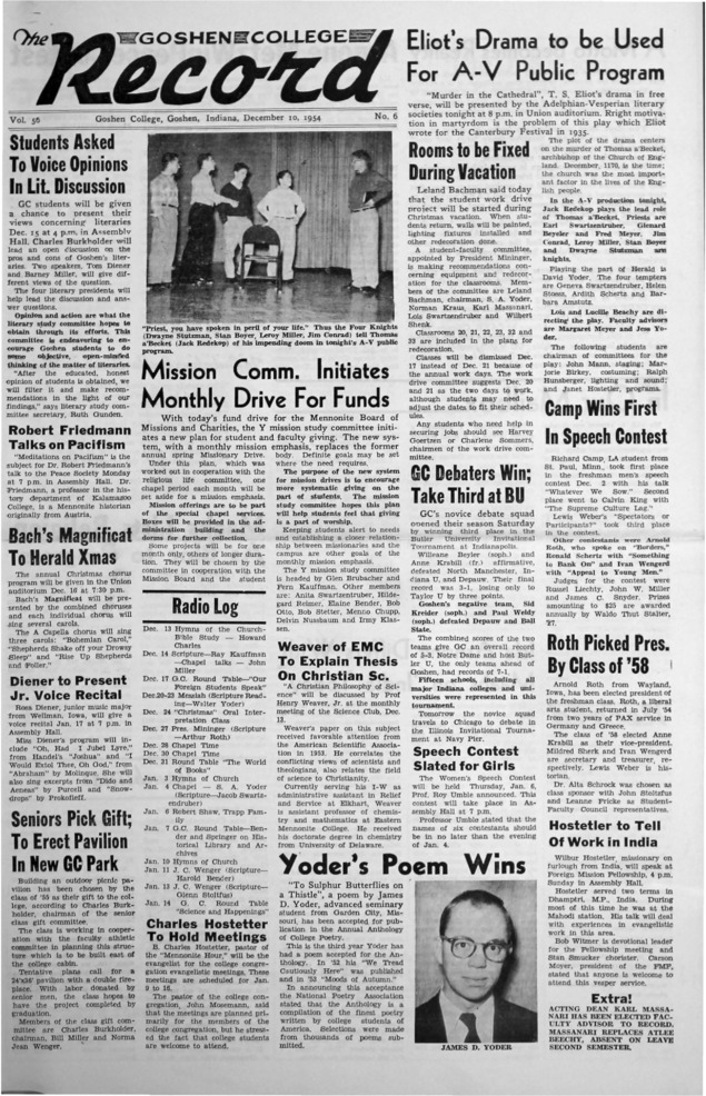 The Goshen College Record - Vol. 56 No. 6 (December 10, 1954) Thumbnail
