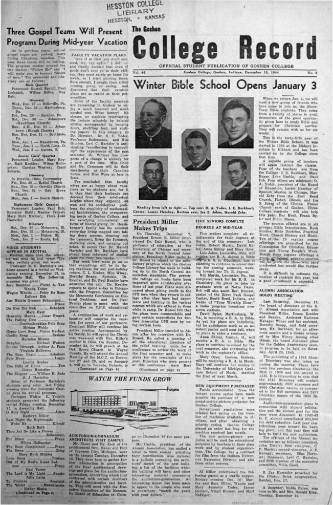 The Goshen College Record - Vol. 46 No. 8 (December 19, 1944) Thumbnail