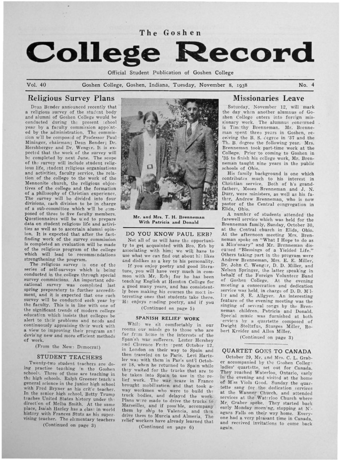 The Goshen College Record - Vol. 40 No. 4 (November 8, 1938) Thumbnail