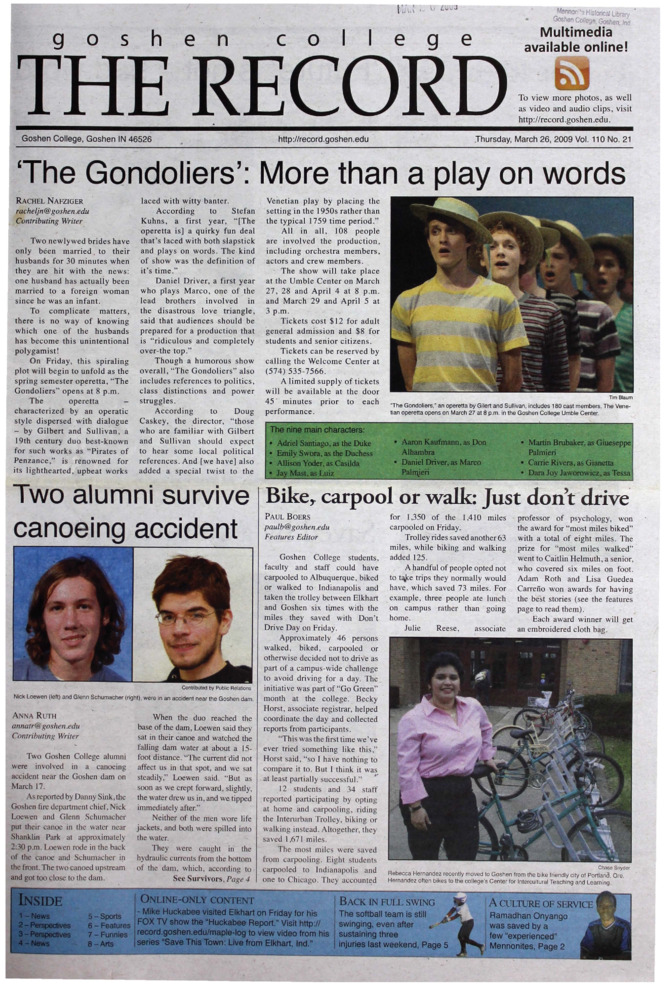The Goshen College Record - Vol. 110 No. 21 (March 26, 2009) Thumbnail