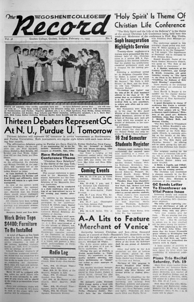 The Goshen College Record - Vol. 56 No. 8 (February 11, 1955) Thumbnail
