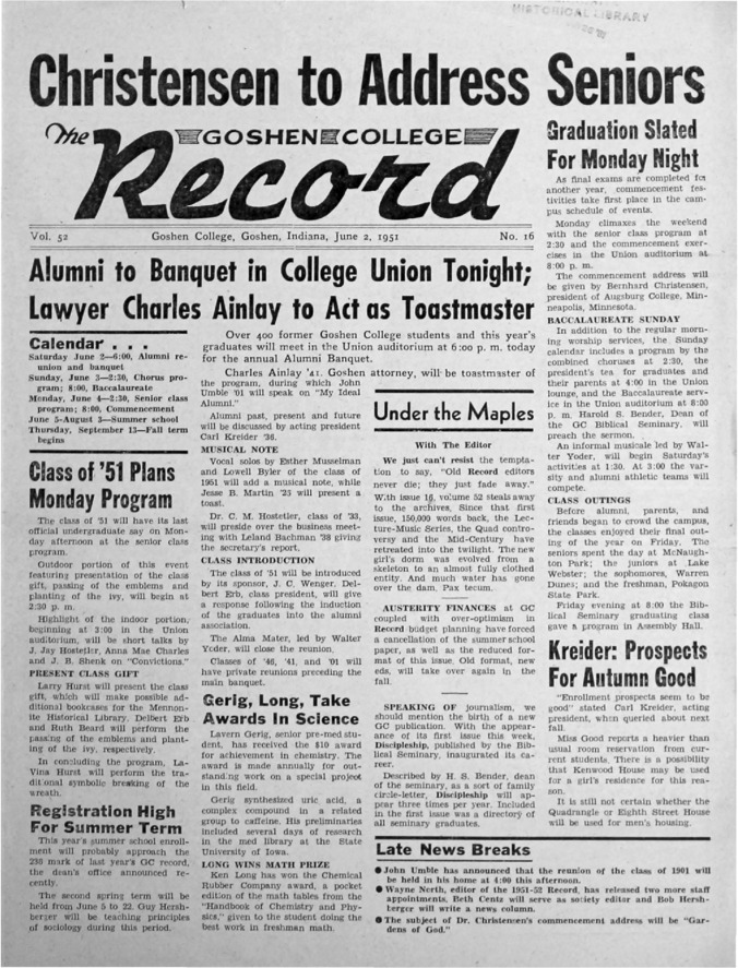 The Goshen College Record - Vol. 52 No. 16 (June 2, 1951) Thumbnail