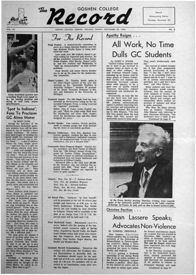 The Goshen College Record - Vol. 65 No. 5 (November 20, 1964) Thumbnail
