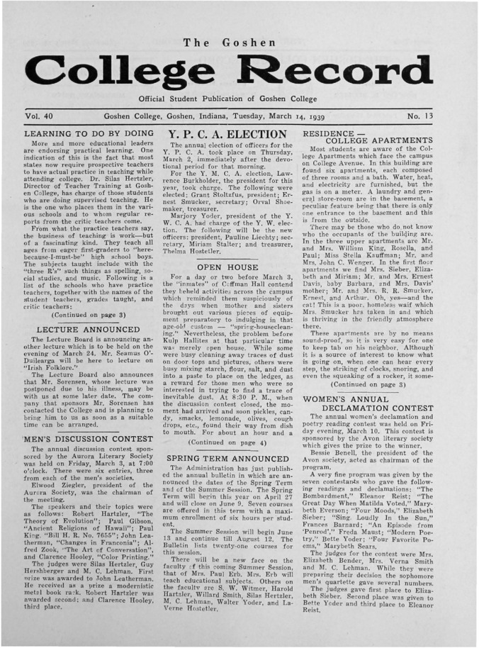The Goshen College Record - Vol. 40 No. 13 (March 14, 1939) Thumbnail