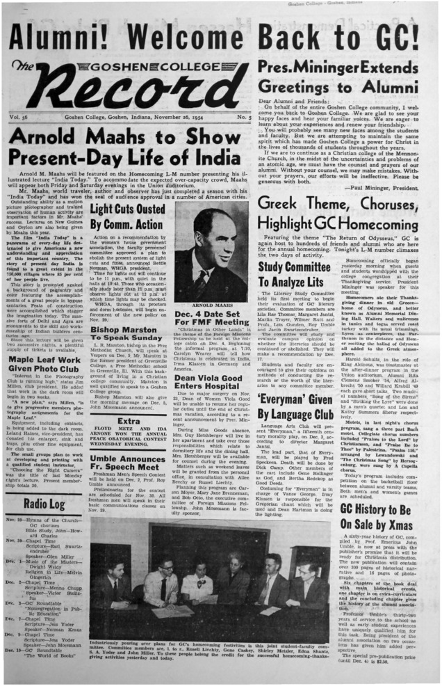 The Goshen College Record - Vol. 56 No. 5 (November 26, 1954) Thumbnail