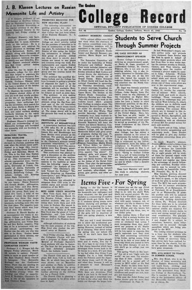 The Goshen College Record - Vol. 46 No. 14 (March 27, 1945) Thumbnail