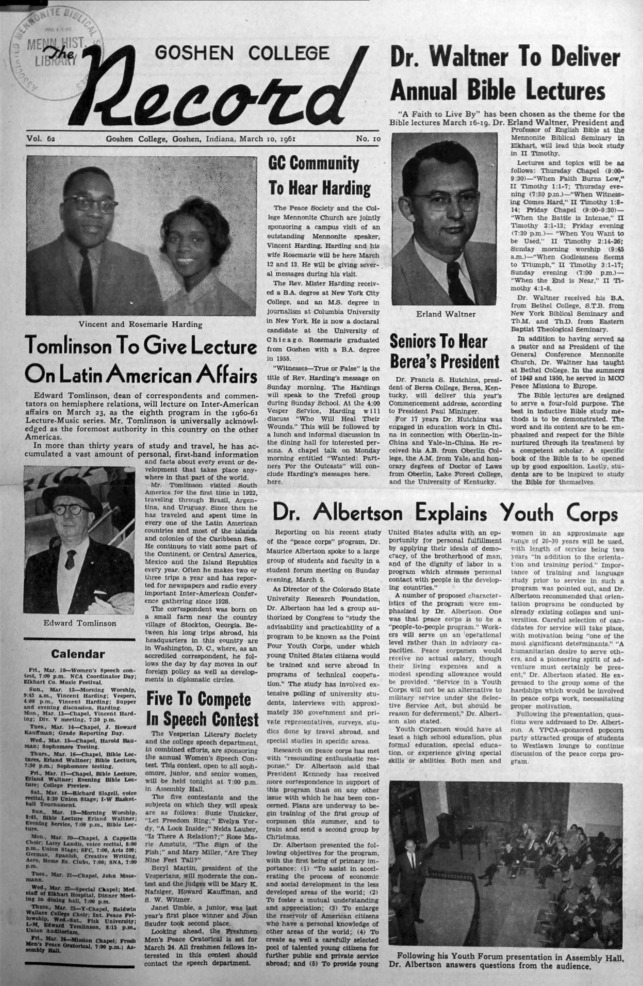 The Goshen College Record - Vol. 62 No. 10 (March 10, 1961) Thumbnail