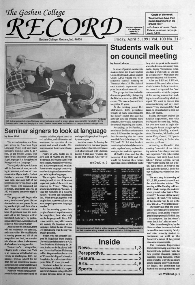 The Goshen College Record - Vol. 100 No. 22 (April 5, 1991) Thumbnail