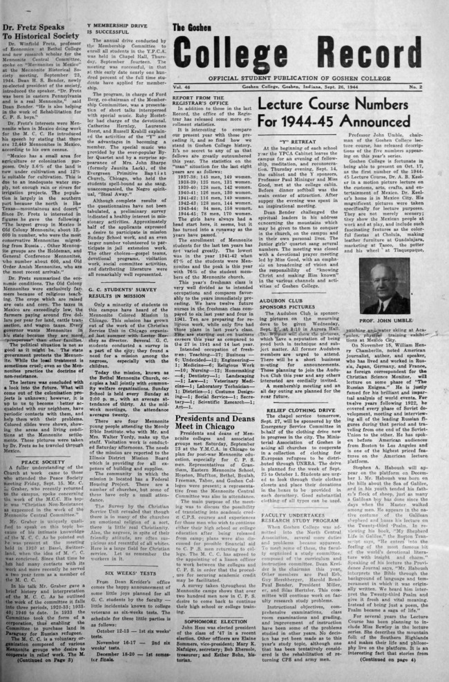 The Goshen College Record - Vol. 46 No. 2 (September 26, 1944) Thumbnail