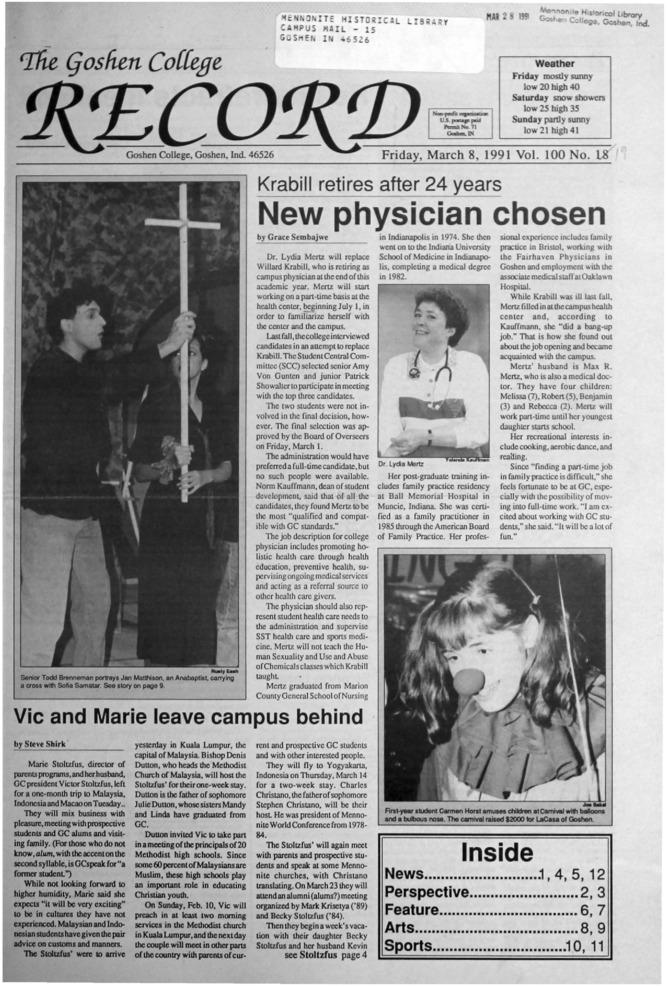 The Goshen College Record - Vol. 100 No. 19 (March 8, 1991) Thumbnail