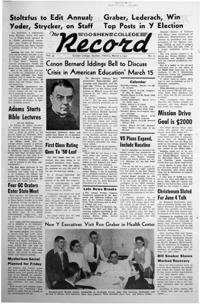 The Goshen College Record - Vol. 52 No. 11 (March 2, 1951) Thumbnail