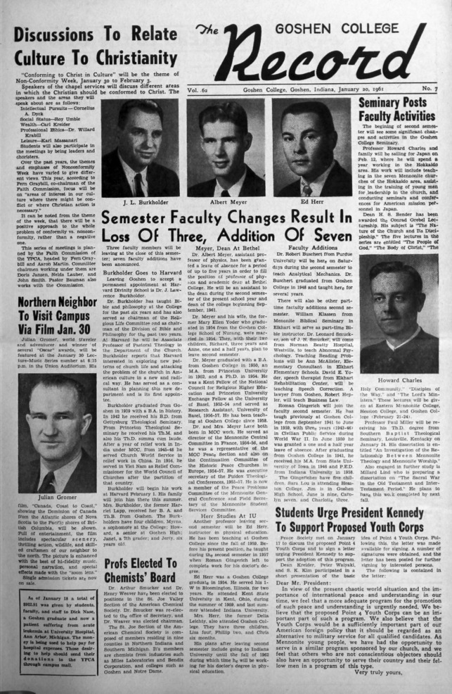 The Goshen College Record - Vol. 62 No. 7 (January 20, 1961) Thumbnail