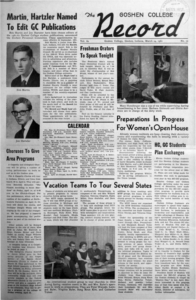 The Goshen College Record - Vol. 62 No. 11 (March 24, 1961) Thumbnail