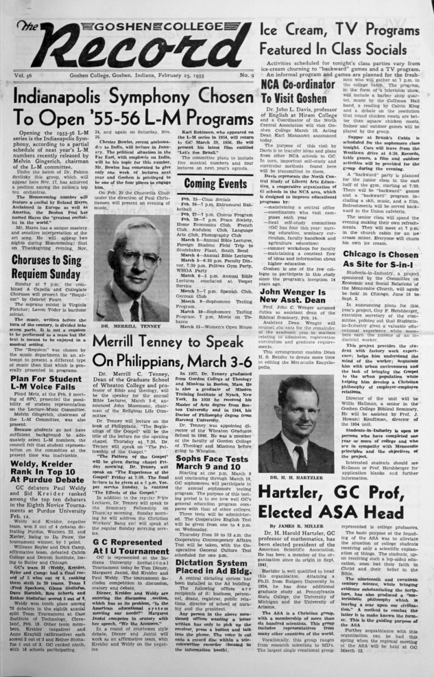 The Goshen College Record - Vol. 56 No. 9 (February 25, 1955) Thumbnail