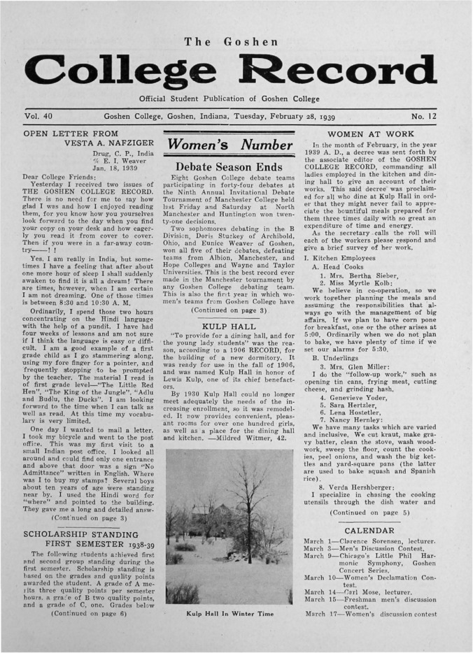The Goshen College Record - Vol. 40 No. 12 (February 28, 1939) Thumbnail