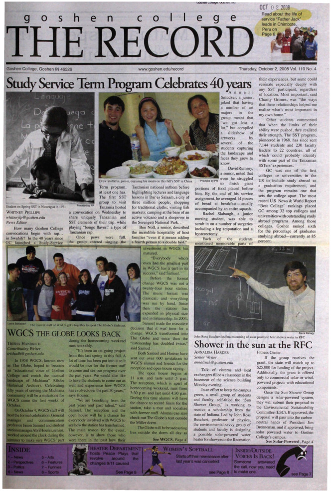 The Goshen College Record - Vol. 110 No. 4 (October 2, 2008) Thumbnail