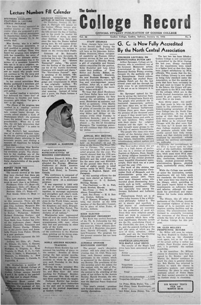 The Goshen College Record - Vol. 46 No. 9 (January 16, 1945) Thumbnail