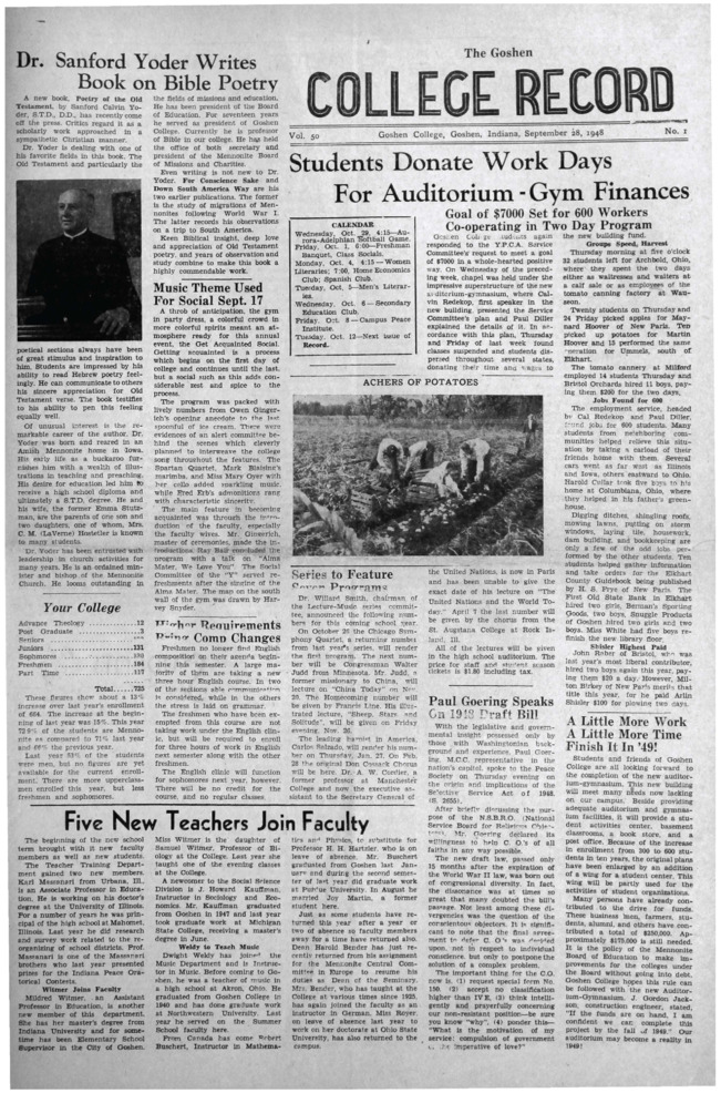 The Goshen College Record - Vol. 50 No. 1 (September 28, 1948) Thumbnail