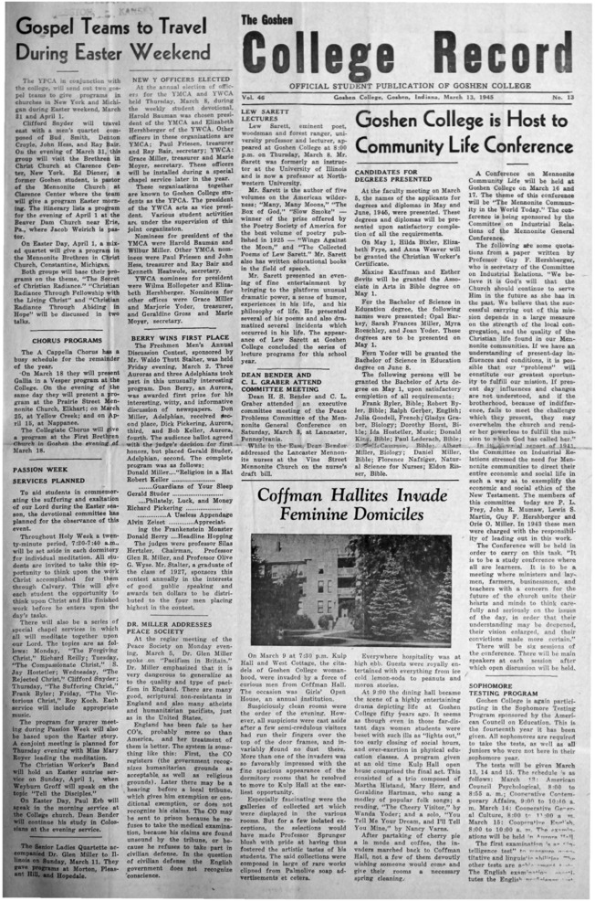 The Goshen College Record - Vol. 46 No. 13 (March 13, 1945) Thumbnail