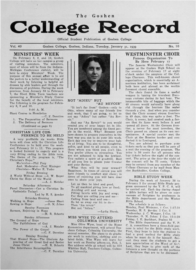 The Goshen College Record - Vol. 40 No. 10 (January 31, 1939) Thumbnail