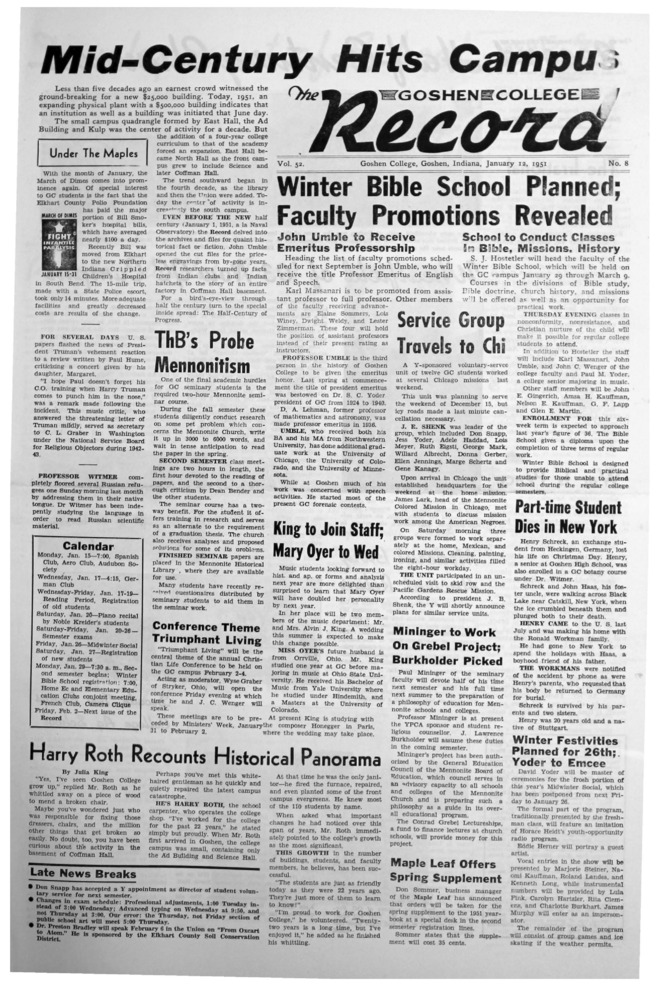The Goshen College Record - Vol. 52 No. 8 (January 12, 1951) Thumbnail