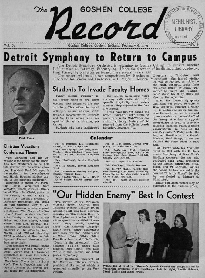 The Goshen College Record - Vol. 60 No. 8 (February 6, 1959) Thumbnail