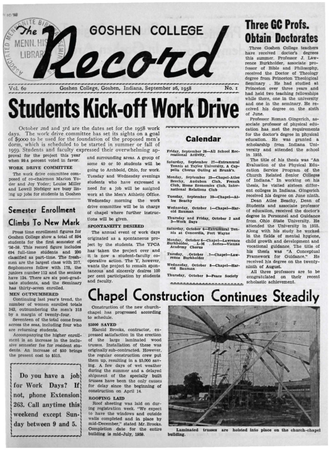 The Goshen College Record - Vol. 60 No. 1 (September 26, 1958) Thumbnail