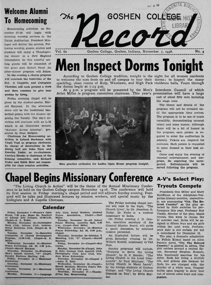 The Goshen College Record - Vol. 60 No. 4 (November 7, 1958) Thumbnail