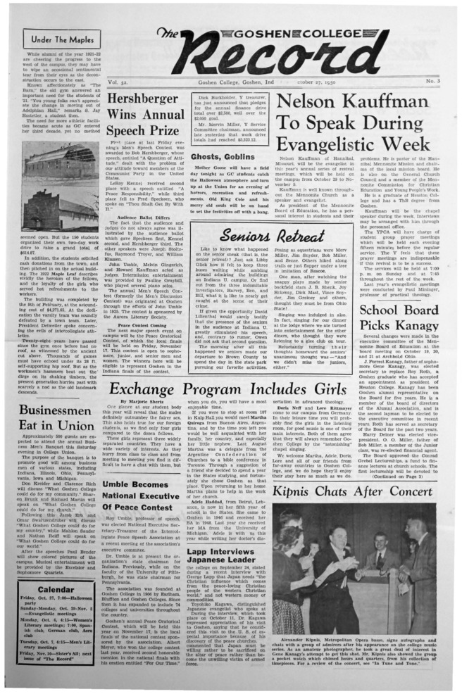 The Goshen College Record - Vol. 52 No. 3 (October 27, 1950) Thumbnail