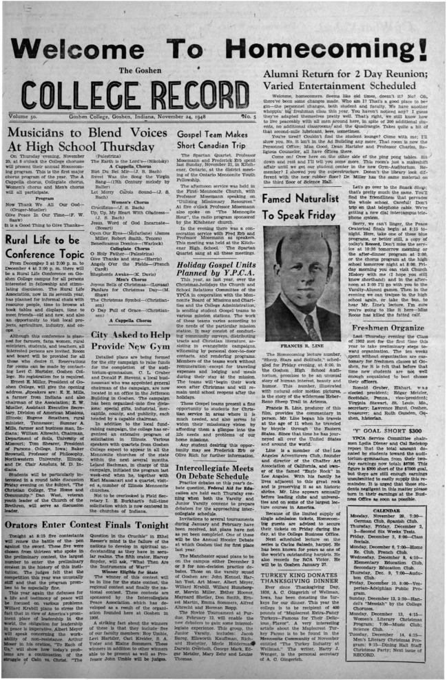 The Goshen College Record - Vol. 50 No. 5 (November 24, 1948) Thumbnail
