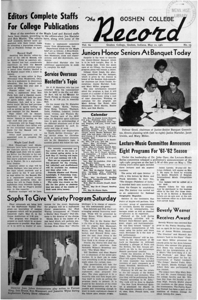 The Goshen College Record - Vol. 62 No. 13 (May 12, 1961) Thumbnail