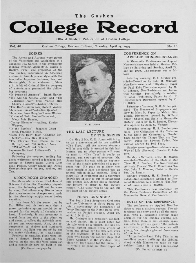 The Goshen College Record - Vol. 40 No. 15 (April 25, 1939) Thumbnail
