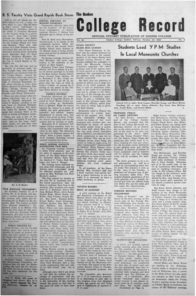 The Goshen College Record - Vol. 46 No. 3 (October 10, 1944) Thumbnail