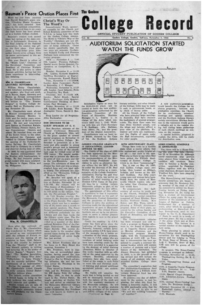The Goshen College Record - Vol. 46 No. 5 (November 7, 1944) Thumbnail