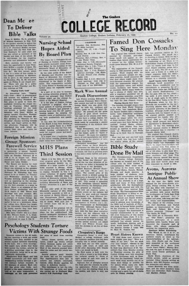 The Goshen College Record - Vol. 50 No. 10 (February 22, 1949) Thumbnail