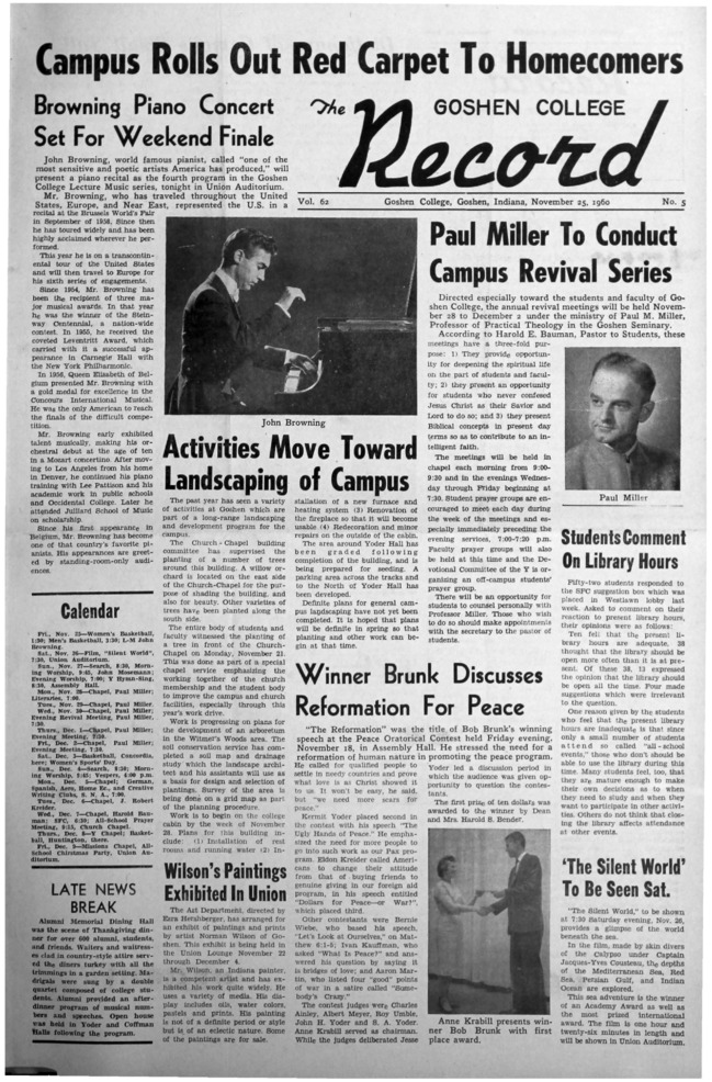 The Goshen College Record - Vol. 62 No. 5 (November 25, 1960) Thumbnail