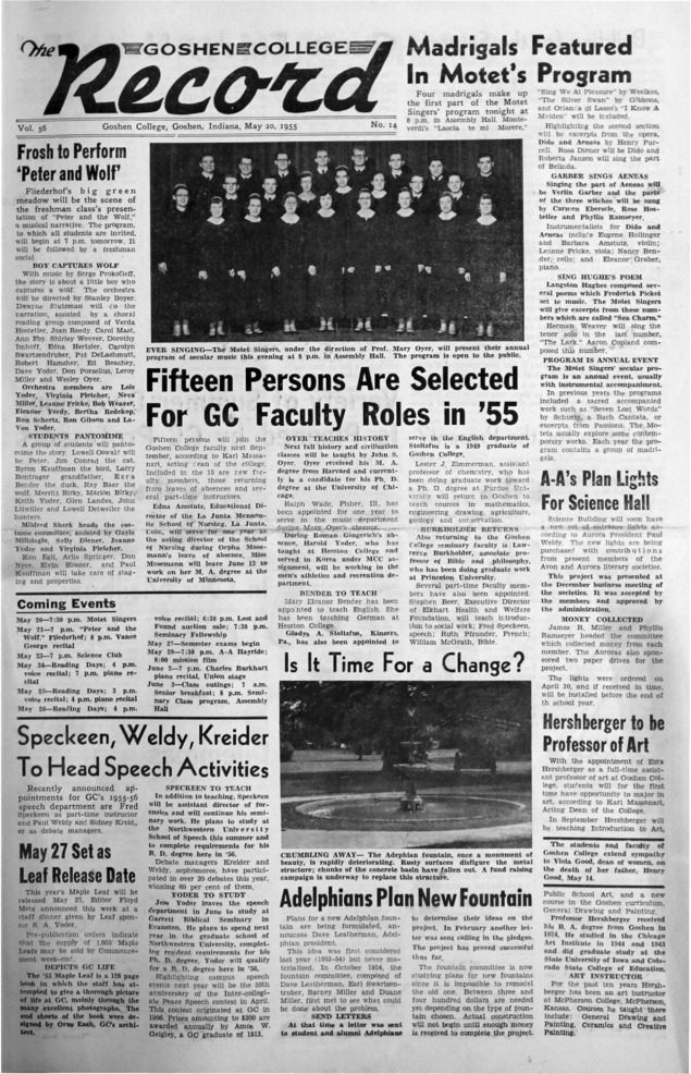 The Goshen College Record - Vol. 56 No. 14 (May 20, 1955) Thumbnail