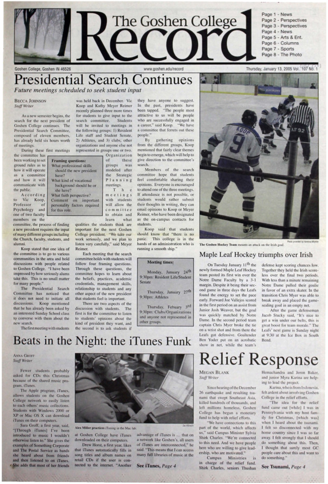 The Goshen College Record - Vol. 107 No. 1 (January 13, 2005) Thumbnail
