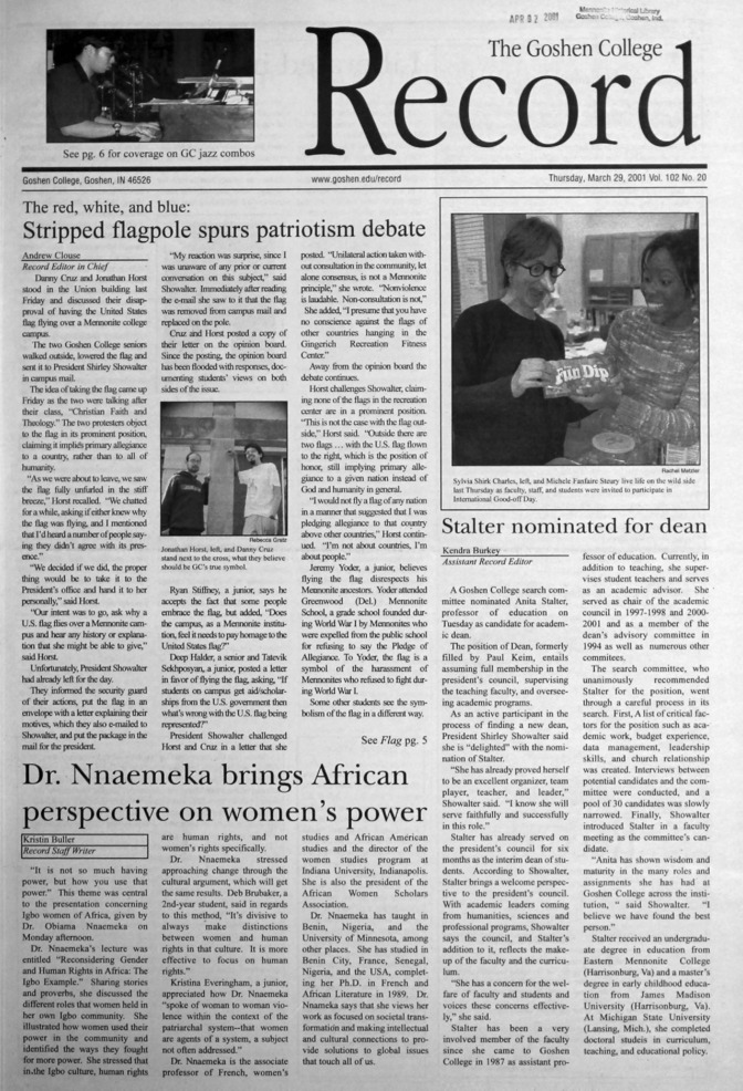 The Goshen College Record - Vol. 102 No. 20 (March 29, 2001) Thumbnail
