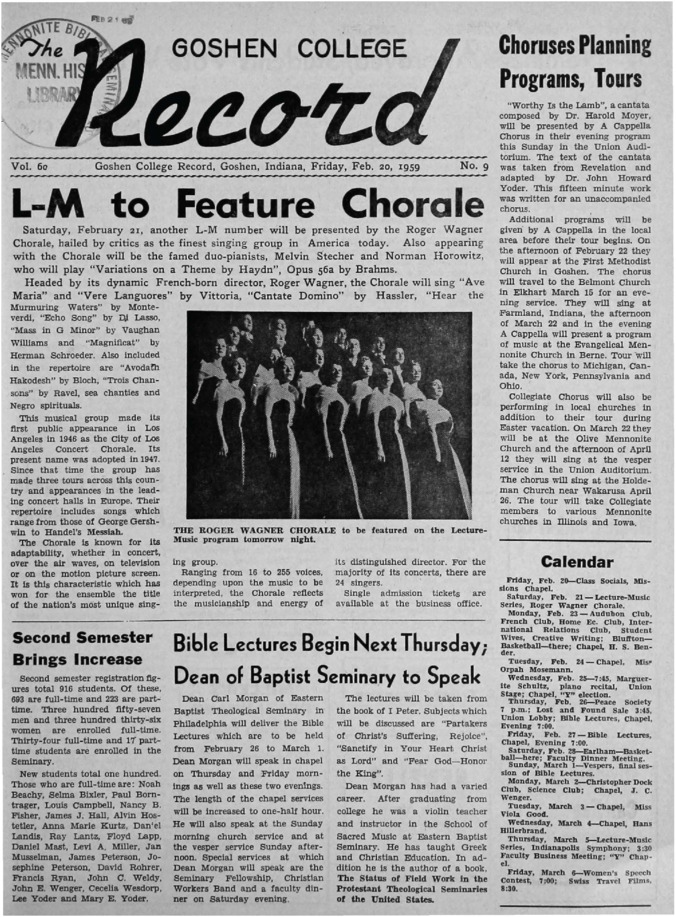 The Goshen College Record - Vol. 60 No. 9 (February 20, 1959) Thumbnail