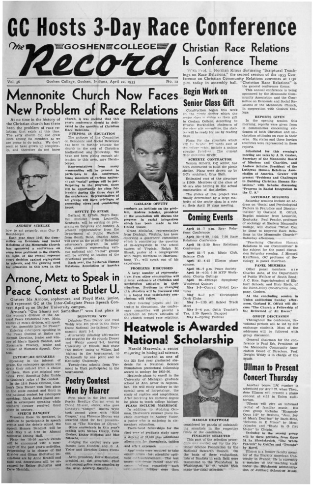 The Goshen College Record - Vol. 56 No. 12 (April 22, 1955) Thumbnail
