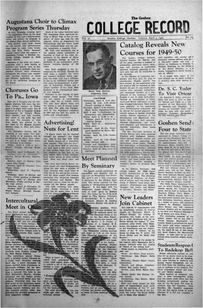 The Goshen College Record - Vol. 50 No. 13 (April 5, 1949) Thumbnail
