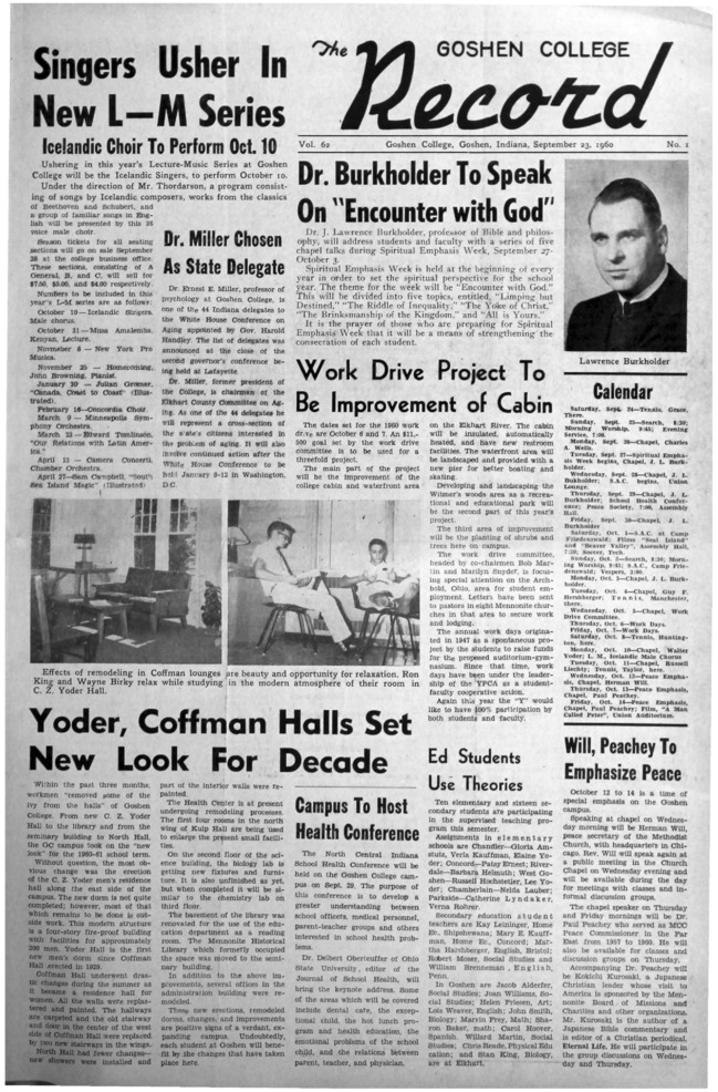 The Goshen College Record - Vol. 62 No. 1 (September 23, 1960) Thumbnail