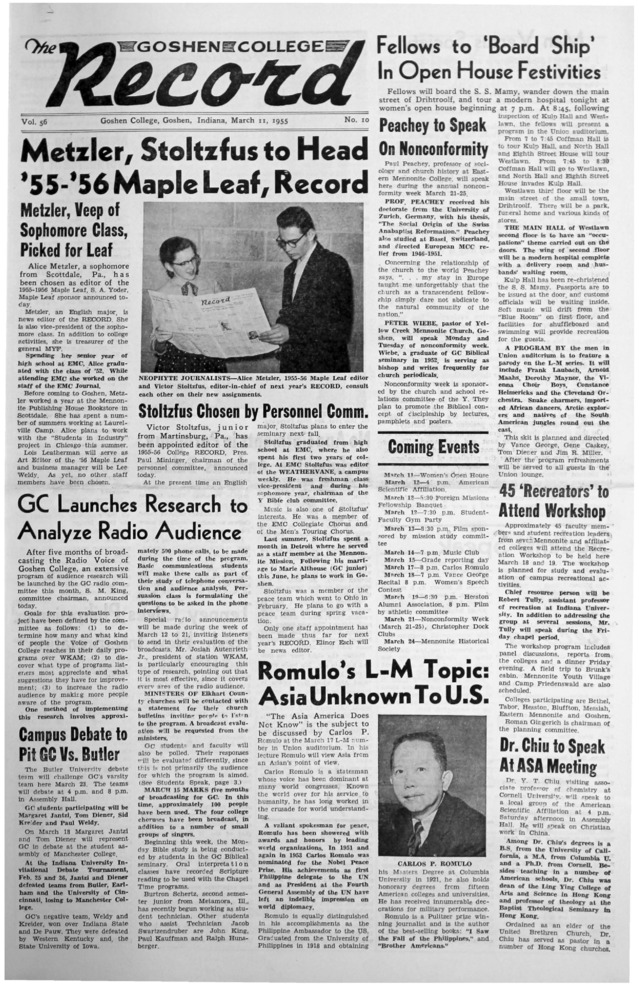 The Goshen College Record - Vol. 56 No. 10 (March 11, 1955) Thumbnail