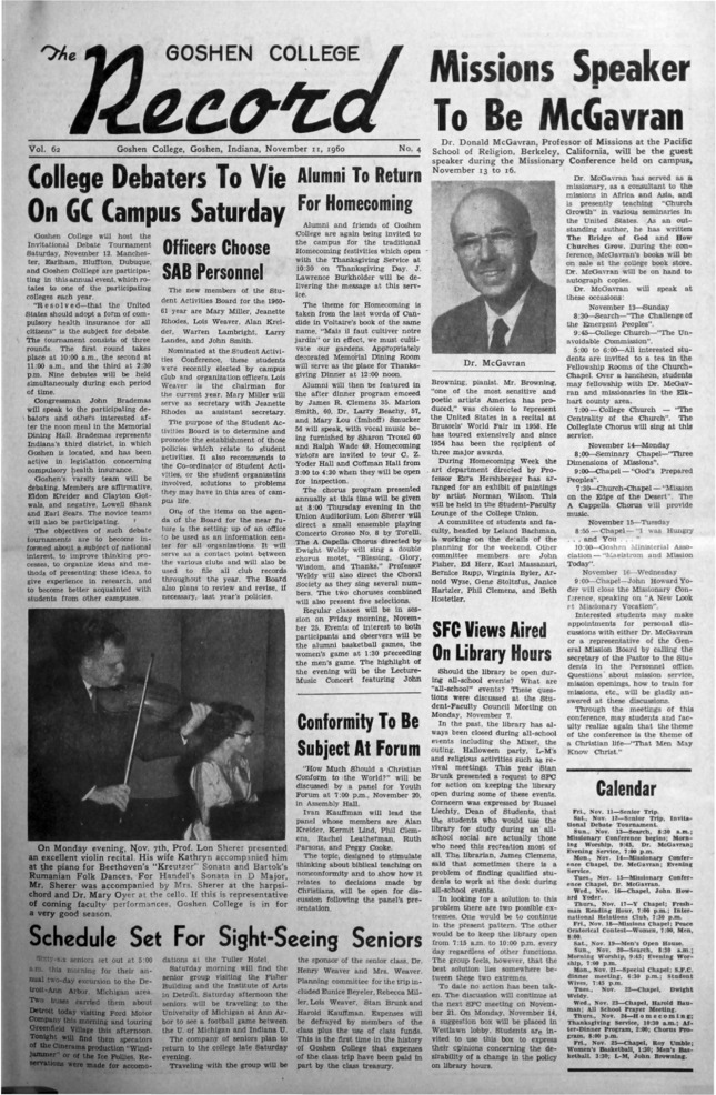 The Goshen College Record - Vol. 62 No. 4 (November 11, 1960) Thumbnail