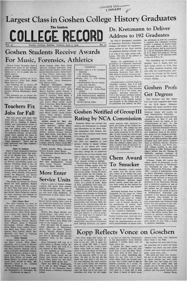 The Goshen College Record - Vol. 50 No. 17 (June 3, 1949) Thumbnail