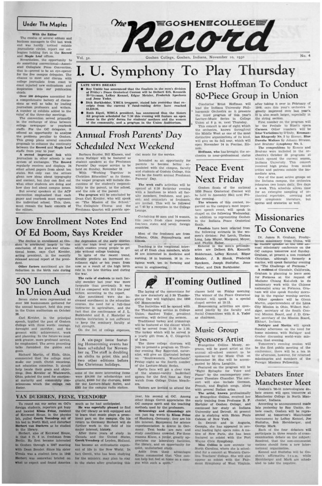 The Goshen College Record - Vol. 52 No. 4 (November 10, 1950) Thumbnail
